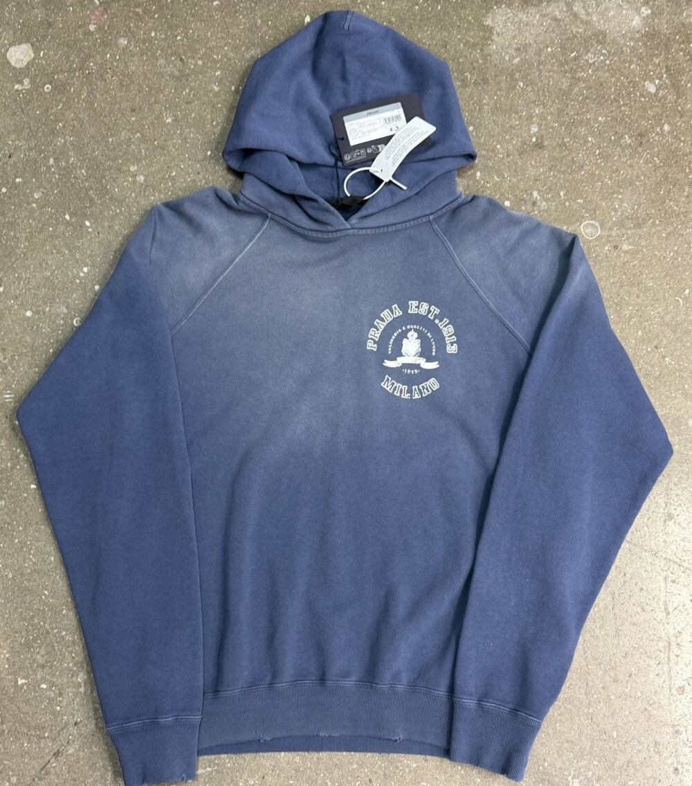 Prada Printed Cotton Fleece Navy Pullover Hoodie